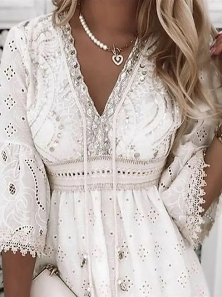 Elegant Women White Hollow Lace Mini Dress Summer V-neck Patchwork Lace Up Three Quarter Sleeve Ladies Vacation Beach Dresses somè