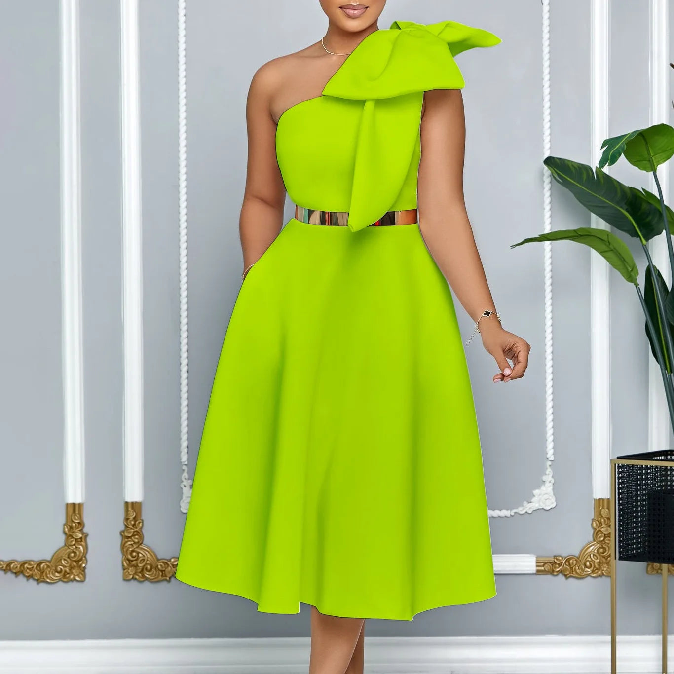 Dresses for Women One Shoulder Bow Decorate High Waisted Pleated Mid Calf Luxury Birthday Party Dinner Vestidos Mujer Dress klt