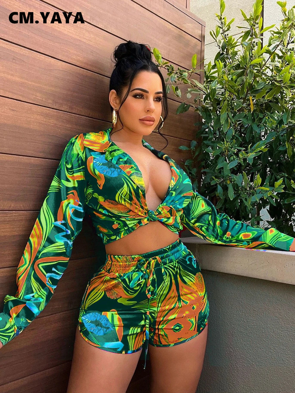 CM.YAYA Elegant Wave Striped Women's Set Long Sleeve Shirt and Shorts INS Chic Street Fashion Tracksuit Two 2 Piece Set Outfits