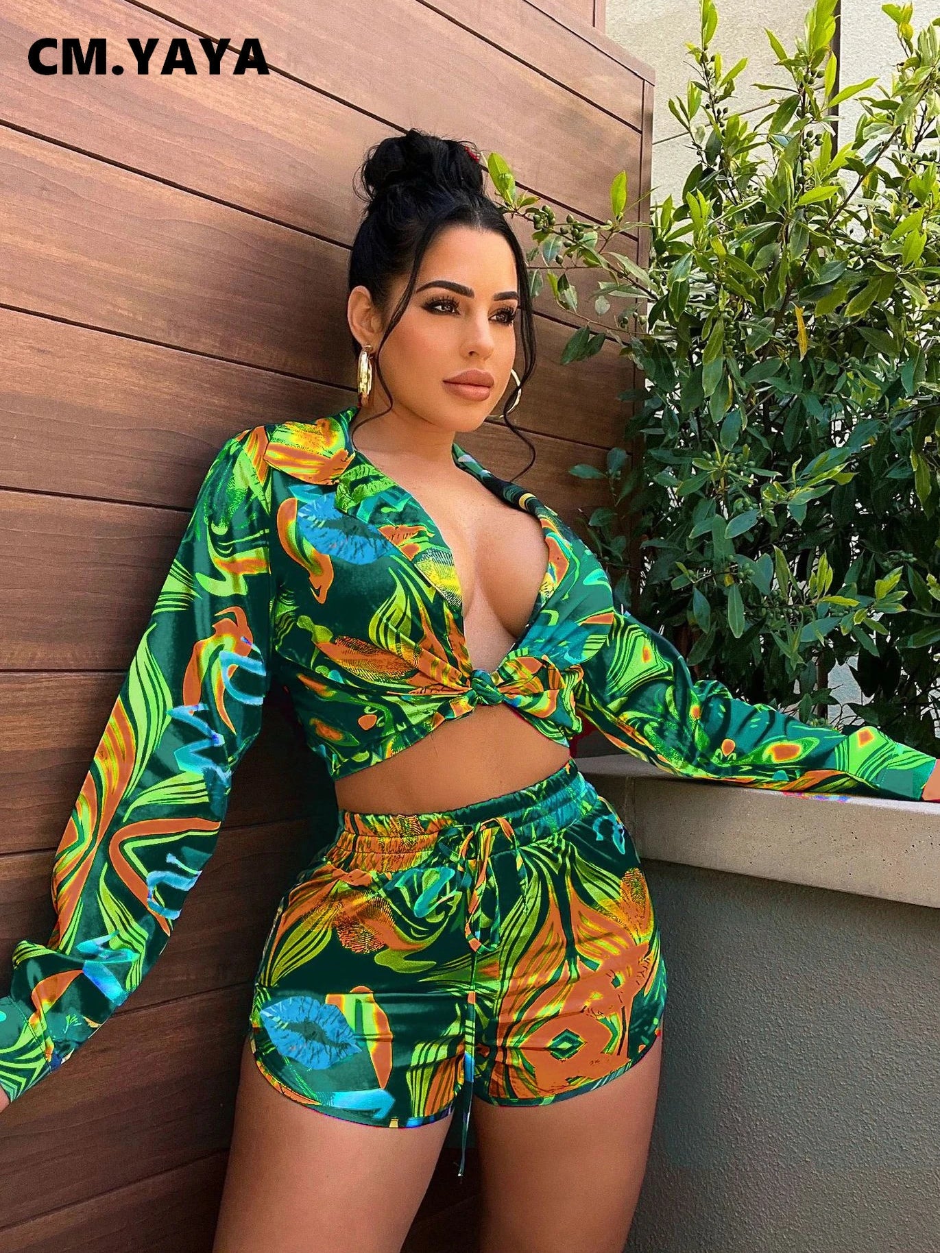 CM.YAYA Elegant Wave Striped Women's Set Long Sleeve Shirt and Shorts INS Chic Street Fashion Tracksuit Two 2 Piece Set Outfits