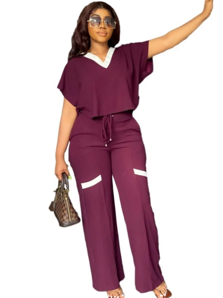 Elegant Women's Casual Short Sleeve T-shirt Sports Suit Summer Fashion Solid V Neck Short Top & Straight Pants Two Piece Sets somè