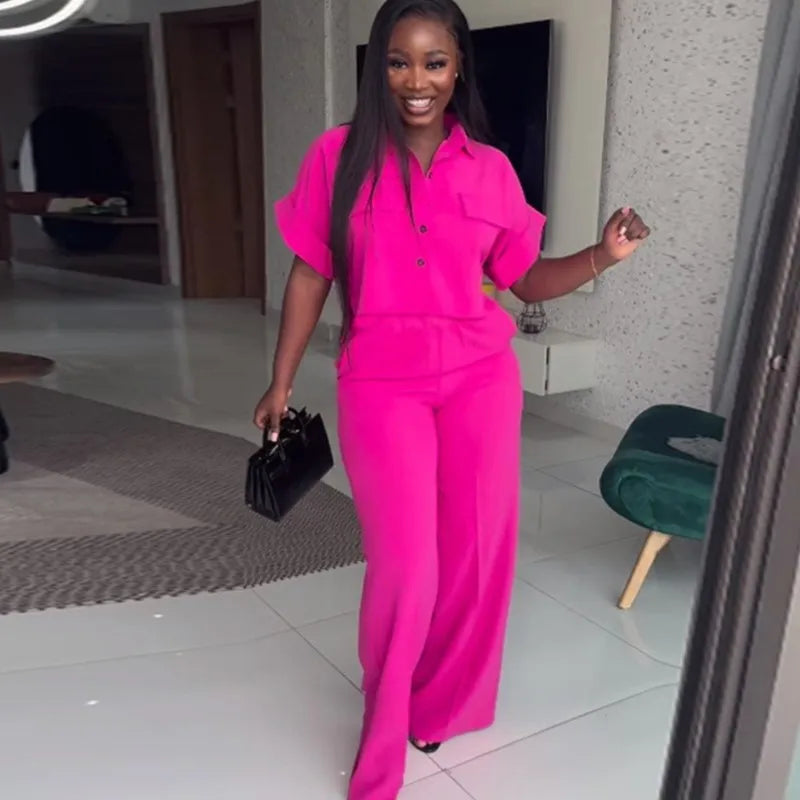 Women's Two Piece Sets Spring Summer Casual Solid Turn-down Neck Short Sleeve Loose Top & Wide Leg Pants Set  Streetwear Outfits somè