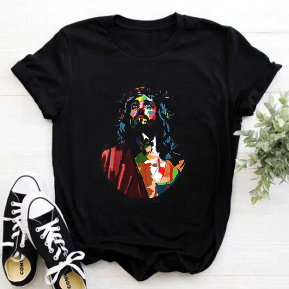 202& Jesus Is King Letter Print Women T-shirt Christian Faith Hope Love Harajuku T Shirts Religion O-neck Tops Tees Streetwears