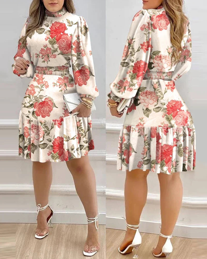Autumn Women Floral Print Shirred Ruffle Dress  Femme Casual Lantern Sleeve Robe Office Lady Dress Outfits Traf Vestid somè