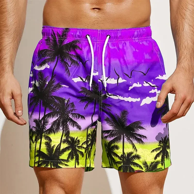202& Summer Oversized Casual Men's Drawstring Shorts Quick Dry Hawaii Holiday Sports Swimming Trunks Coconut Tree Printed Shorts