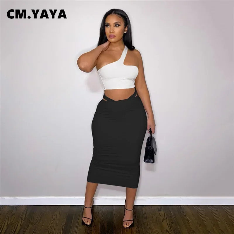 Women Two 2 Piece Set Outfits 2022 Summer One Shoulder Crop Top and Midi Skirt Chic Matching Outfit somè