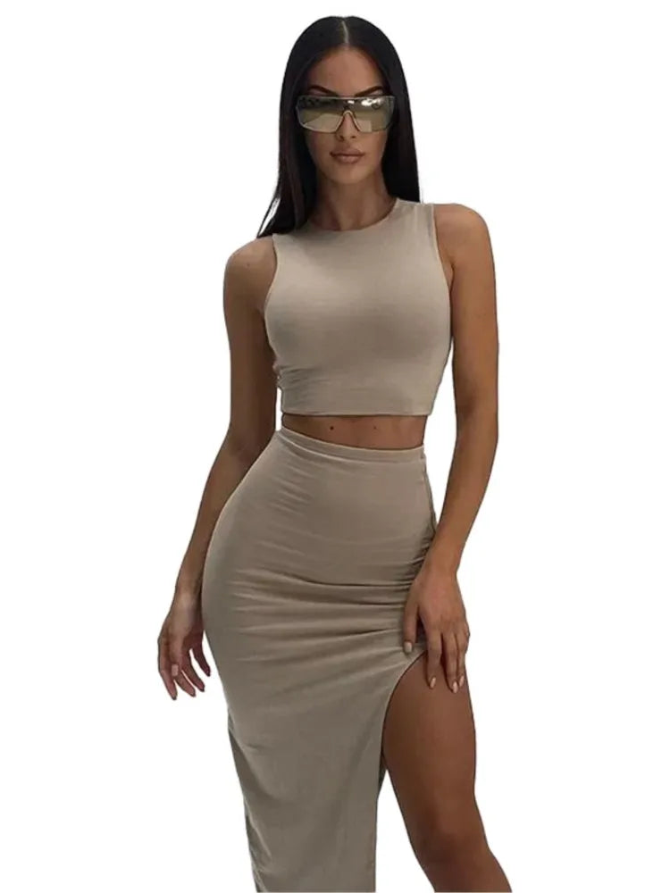 Two Piece Set Women Sleeveless Cropped Top Package Hip Slit Skirts 2 Piece Sets Trendy Lady Clothing somè