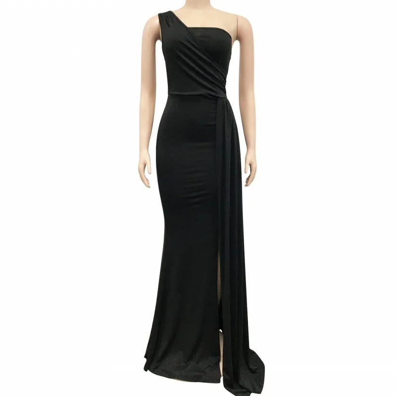 Dresses For Women One Shoulder Sleeveless Robes  New Fashion Solid Slim Draped African Maxi Dress Vestidos klt