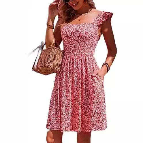 2025 New Style Women's Summer Sweet Quilted Ruffle Edge Square Collar Beach Dress Beach Vacation Dresses