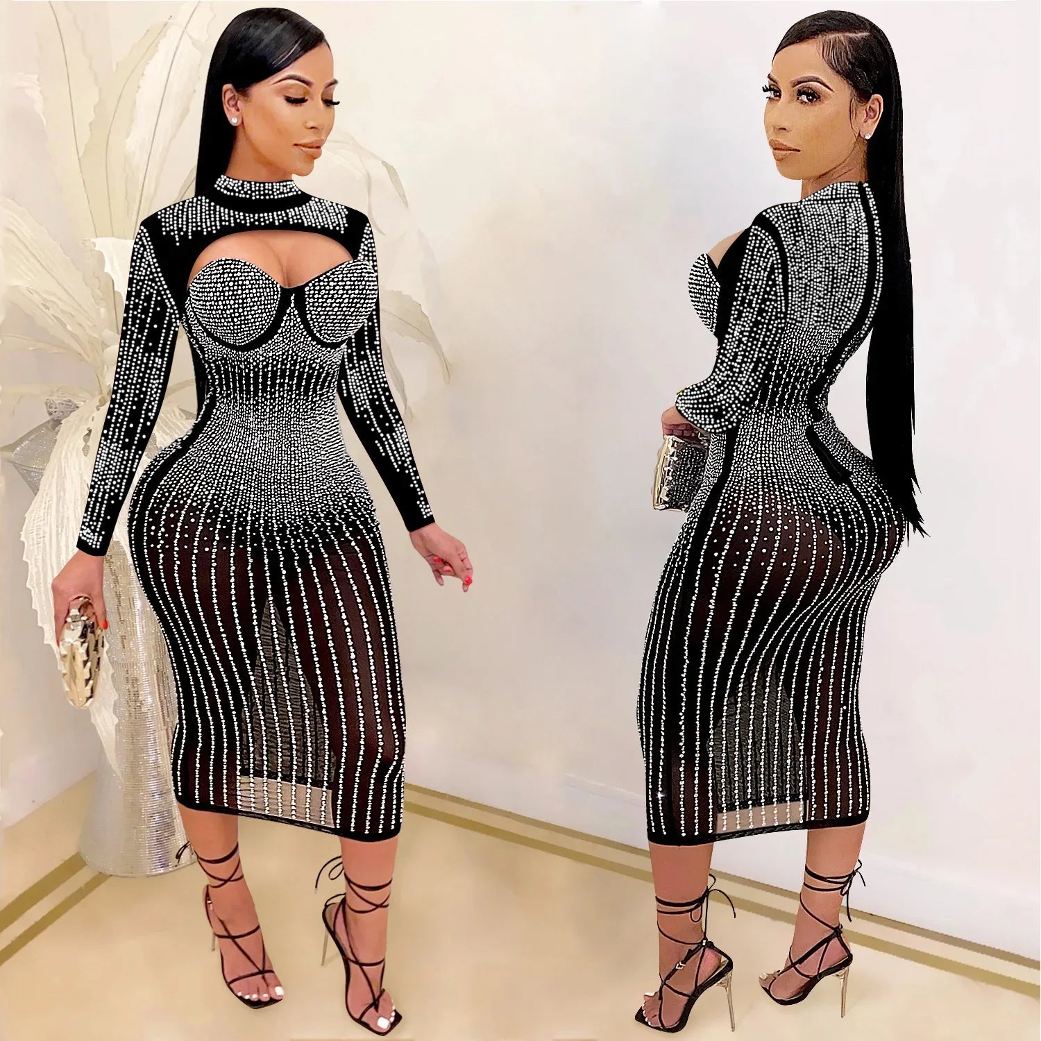 Cross-Border New Product Women's Party Nightclub Mesh Transparent Rhinestone Inlaid Diamond Tank Dress kpy