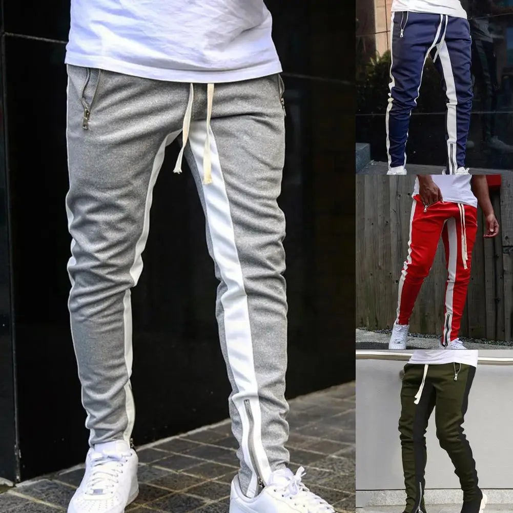 Casual Men Sweatpants Contrast Colors Elastic Waist Male Pants Drawstring Breathable Autumn Trousers for Jogging