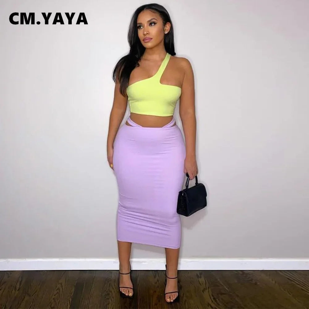Women Two 2 Piece Set Outfits 2022 Summer One Shoulder Crop Top and Midi Skirt Chic Matching Outfit somè