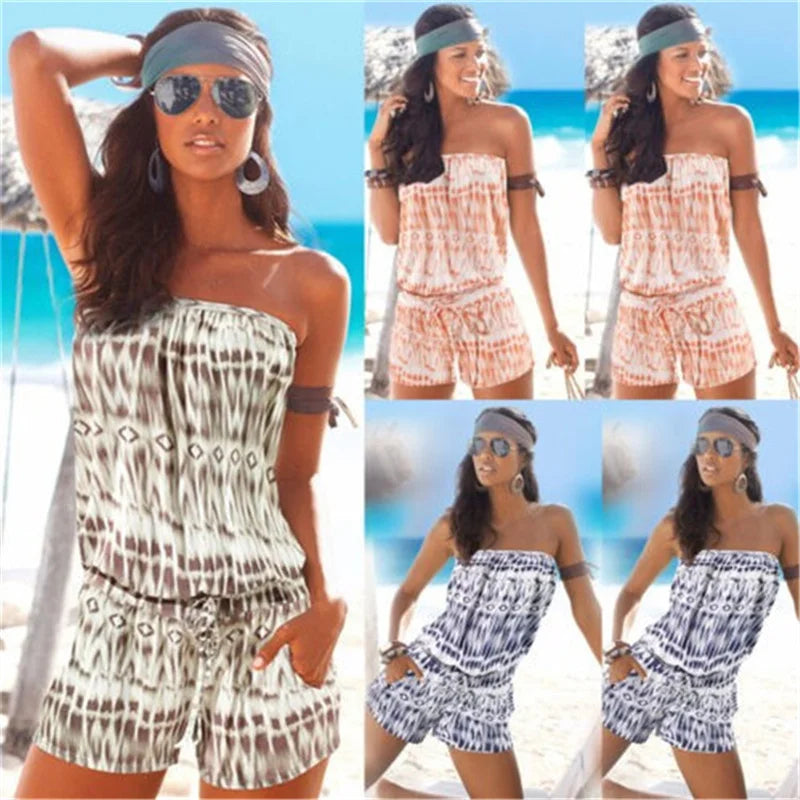 2025 new spring and summer fashion strapless one-shoulder one-piece casual printed drawstring one-piece pants