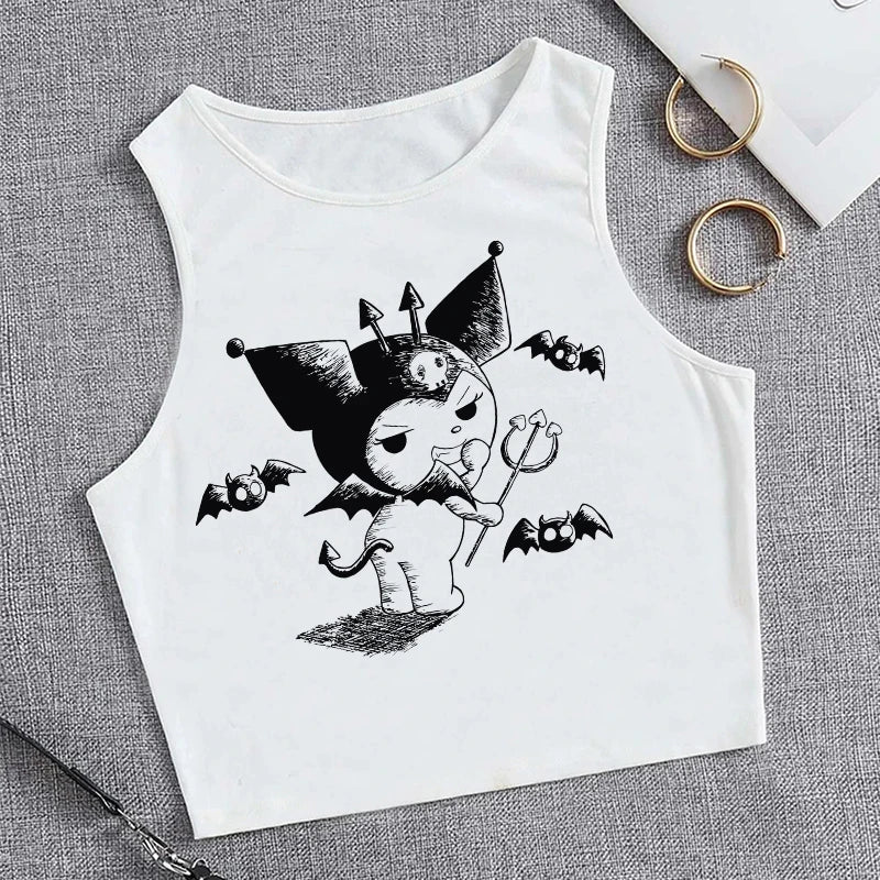 Y2K Vest Crop Top Kuromi T Shirt Cropped Sanrio Kuromi Women Manga T-shirt somè