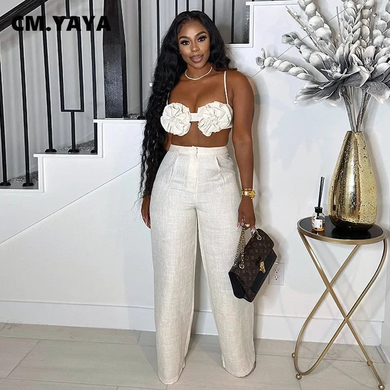 Streetwear Women's Set Sleeveless 3D Flower Crop Bra Top+Wide Leg Pants Elegant beach holiday Two 2 Piece Set Outfits somè