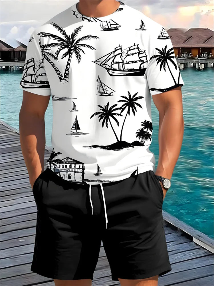2 Piece Summer Casual Everyday Men's Short Sleeve Shorts Set Hawaiian Print Men's T-shirt Outdoor Sports Men's Beach Shorts 202&