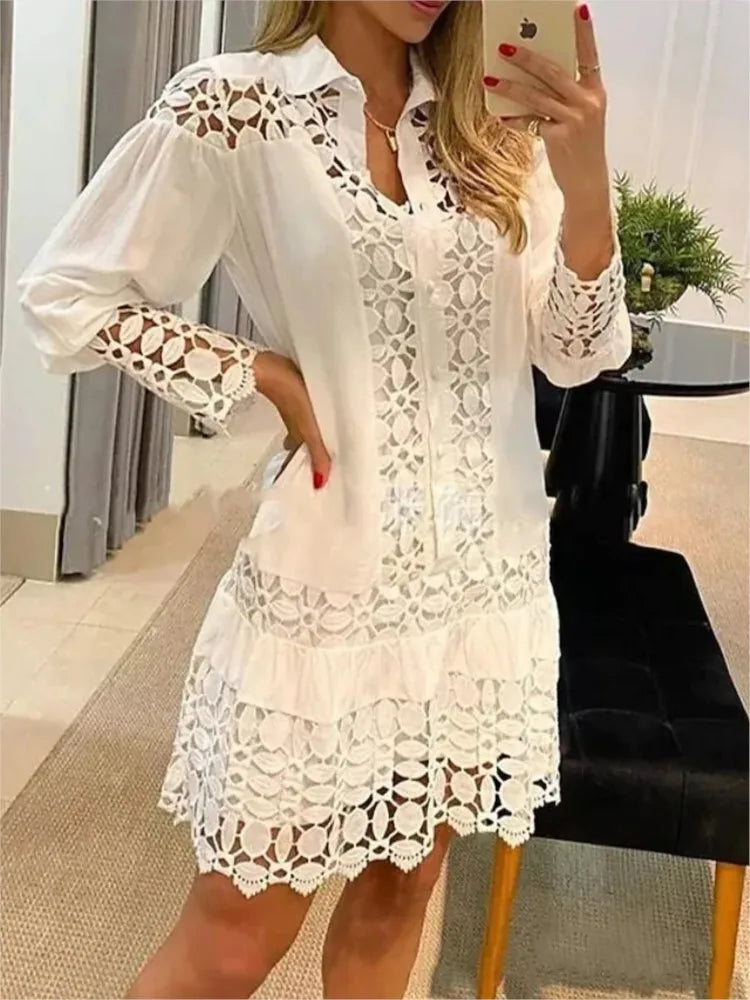 Spring Summer New Long Sleeve For Women's Dresses Solid Color Lace Splicing Fashion Cutout Shirt Elegant Female Sexy Dress somè