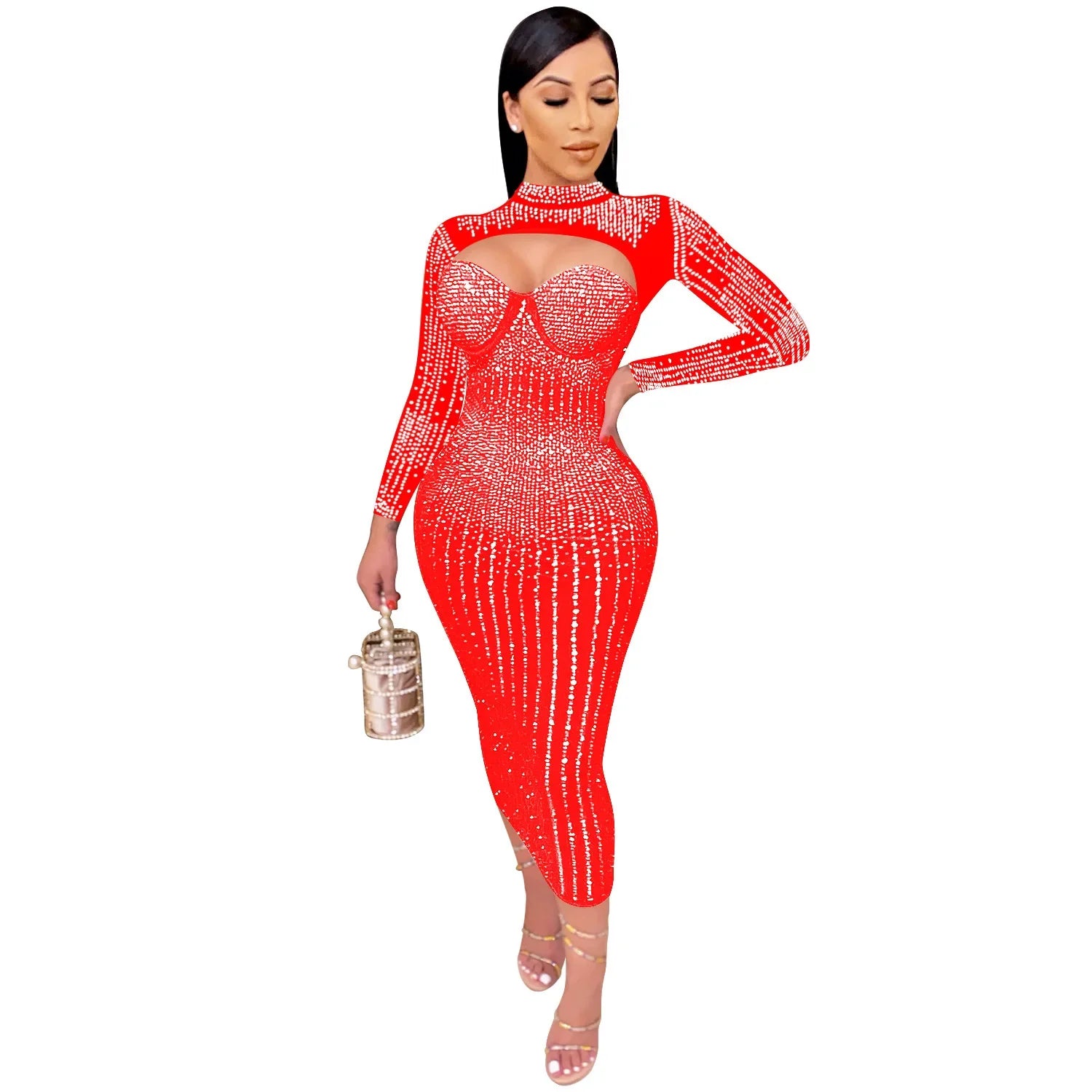 Cross-Border New Product Women's Party Nightclub Mesh Transparent Rhinestone Inlaid Diamond Tank Dress kpy