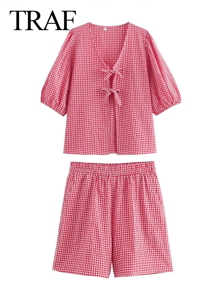 Casual Women Bow Plaid Short Shirt Shorts Suit Female Lace Up Short Sleeve Shirt Top Elastic Waist Loose Shorts Sets somè