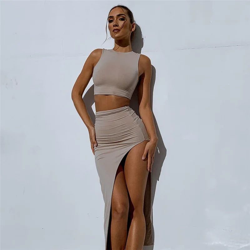Two Piece Set Women Sleeveless Cropped Top Package Hip Slit Skirts 2 Piece Sets Trendy Lady Clothing somè
