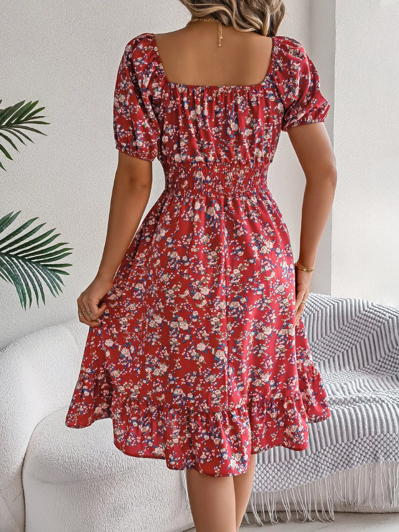Casual Square Neck Shirred Waist Floral Print Short Sleeve Ruffle Hem Dress For Summer, Women's Clothing somè