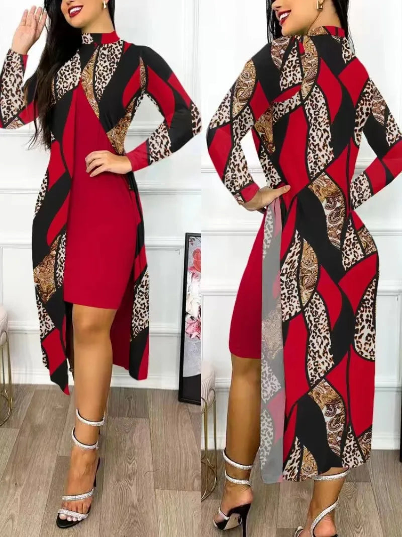 Two Piece Set Women Print Dresses Sets Full Sleeve Half High Collar Split Cardigan Dress Suits Elegant A Line Office Lady wowo