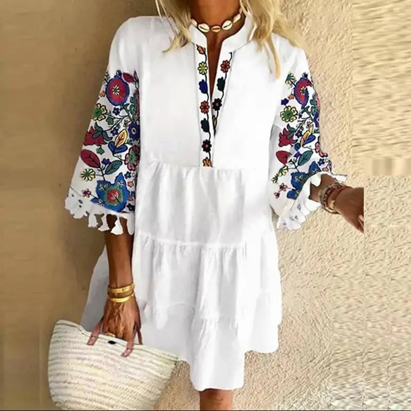 New Floral Print Boho Dress Women Tassle Sleeved White Mini A-Lline Dress Spring New Sweet Bohemian Loose Dresses somè