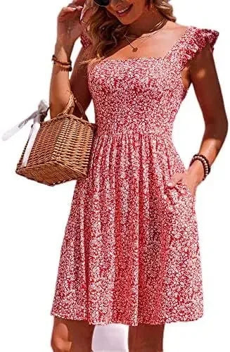 2025 New Style Women's Summer Sweet Quilted Ruffle Edge Square Collar Beach Dress Beach Vacation Dresses
