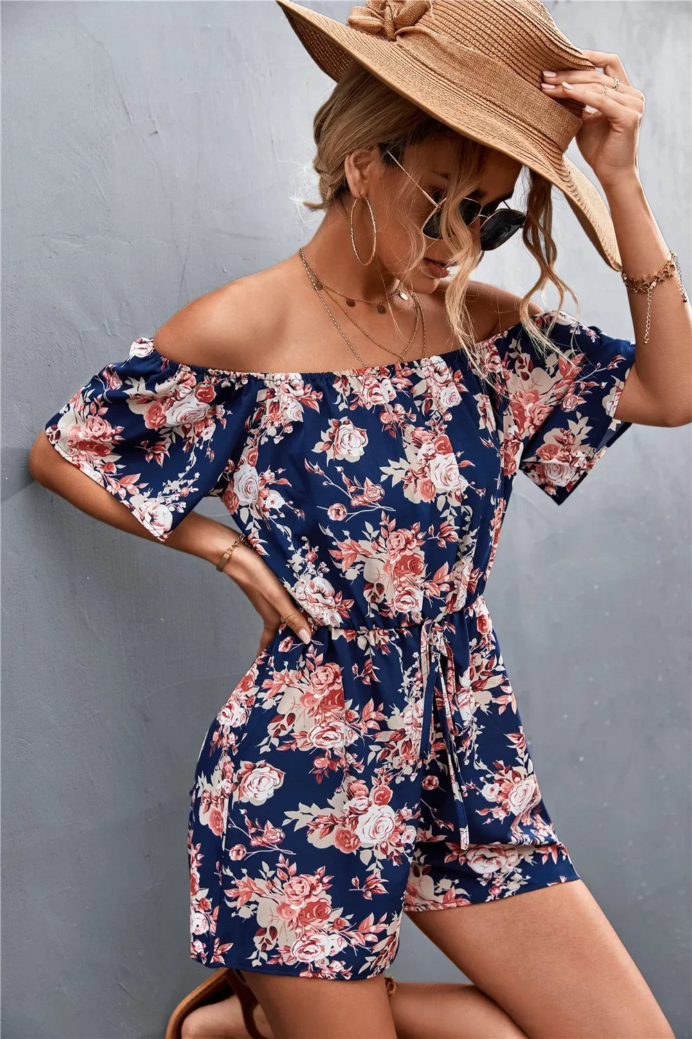 Summer Woman Playsuits Flowers Printed Sexy Off Shoulder Slim Romper Jumpsuit Women Short Sleeve Holiday Beach Playsuit 202&