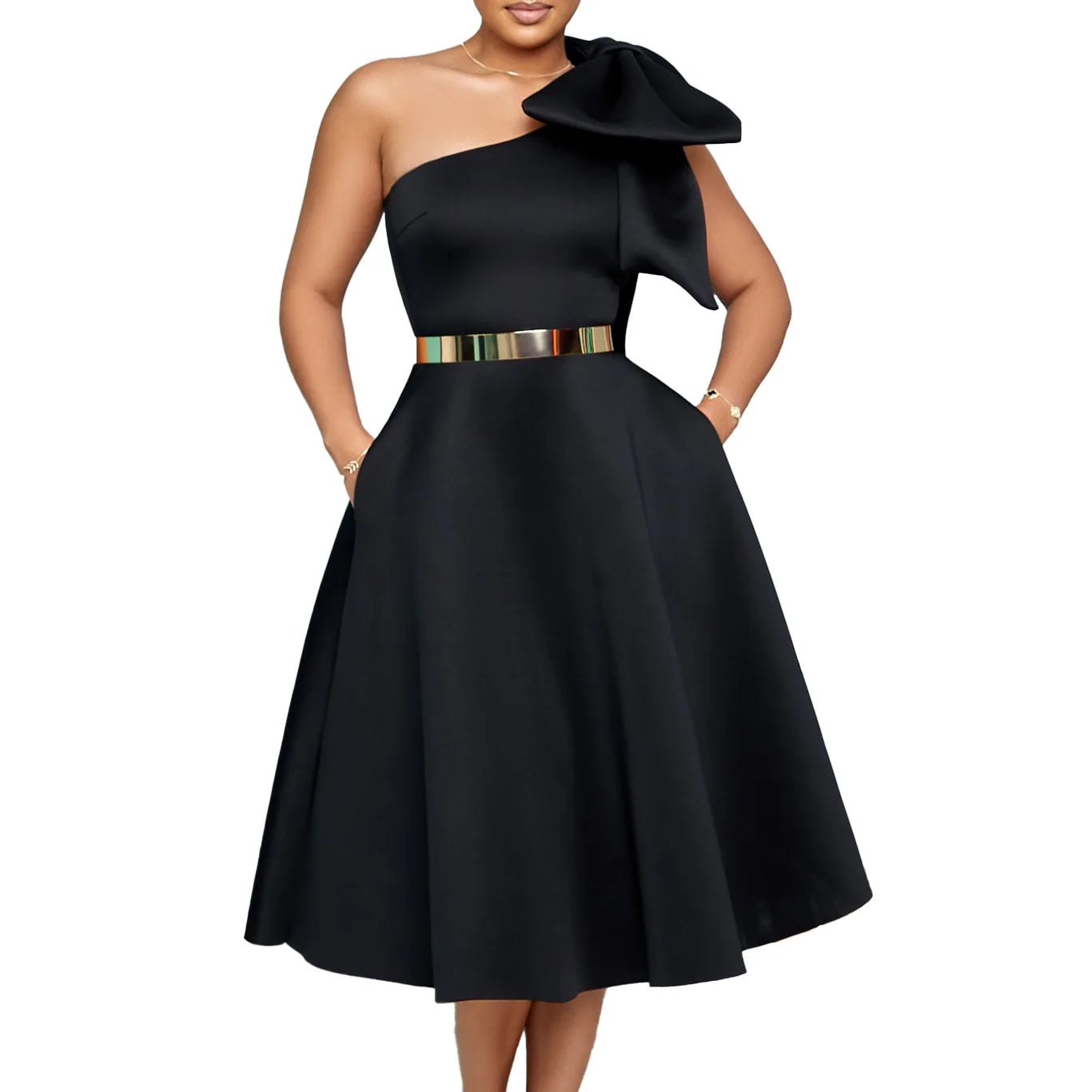 Dresses for Women One Shoulder Bow Decorate High Waisted Pleated Mid Calf Luxury Birthday Party Dinner Vestidos Mujer Dress klt