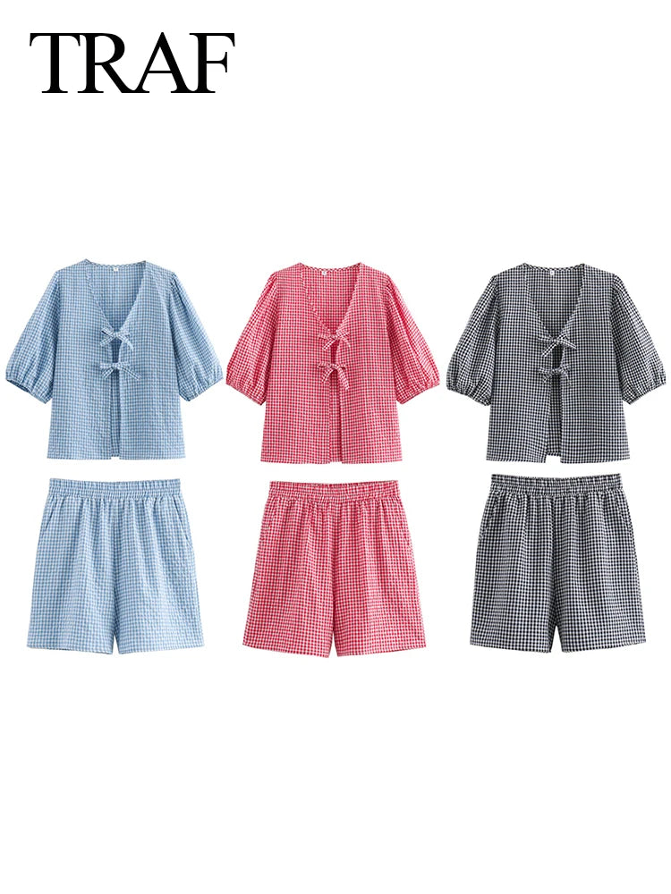 Casual Women Bow Plaid Short Shirt Shorts Suit Female Lace Up Short Sleeve Shirt Top Elastic Waist Loose Shorts Sets somè