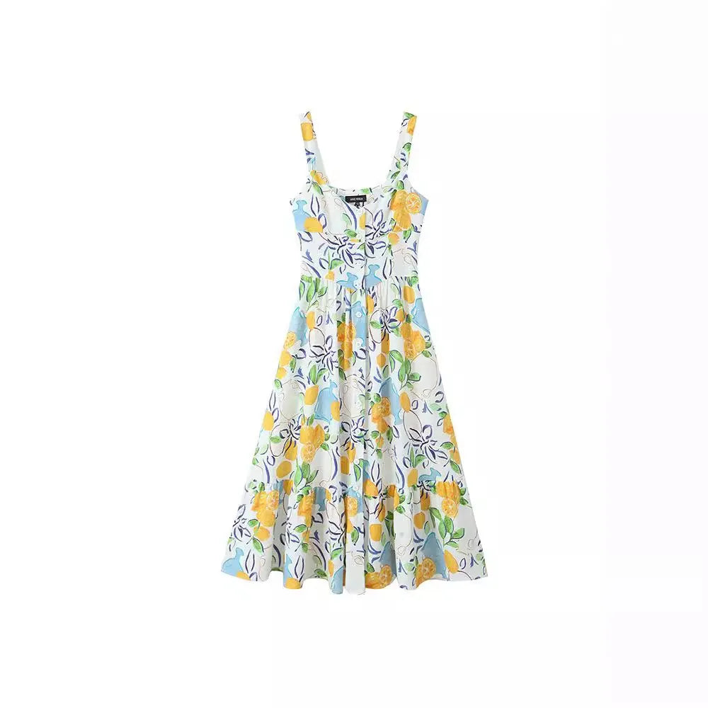 2025 Women's Printed Midi Dresses Dresses Pleated Slip Long Women's Bohemian Backless Dresses Sling Women's Summer Dresses