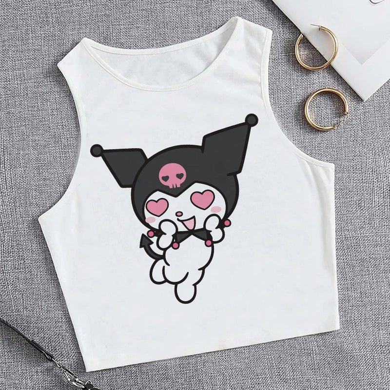 Y2K Vest Crop Top Kuromi T Shirt Cropped Sanrio Kuromi Women Manga T-shirt somè