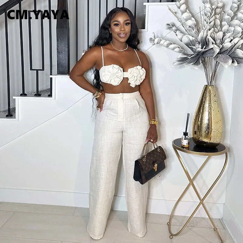 Streetwear Women's Set Sleeveless 3D Flower Crop Bra Top+Wide Leg Pants Elegant beach holiday Two 2 Piece Set Outfits somè