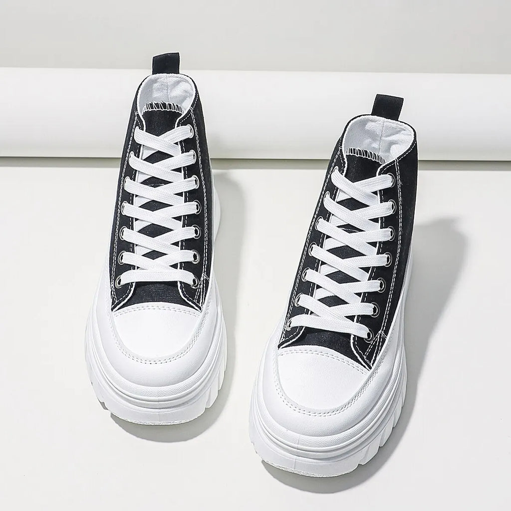 Women Lace-Up Front High Top Flatform Canvas Shoes Fashion Casual Comfortable Height Increasing Sneakers fem