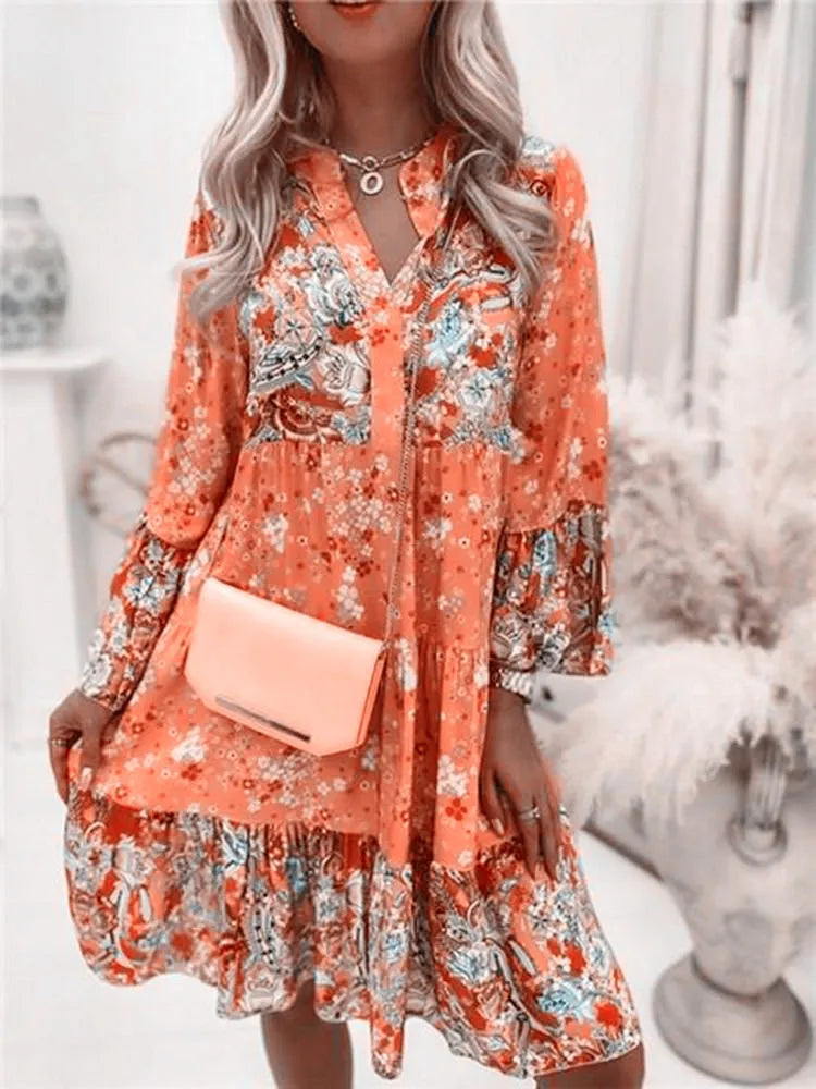 Casual Floral Print Dresses For Women  Sping Summer Boho V Neck Loose A Line Dress Elegant Beach Party Dress Robe Femme somè