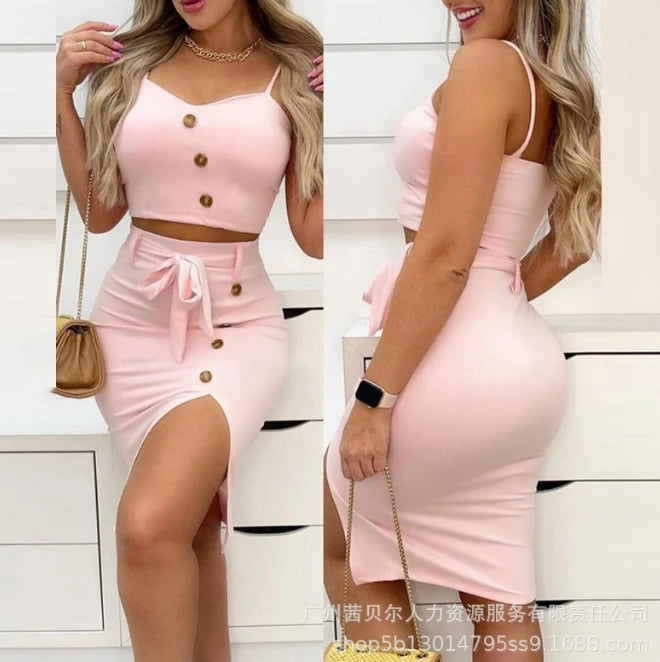 Two Piece Set Women Outfit Summer Fashion Button Decor Spaghetti Strap Crop Cami Top & High Waist Split Midi Skirt Set somè
