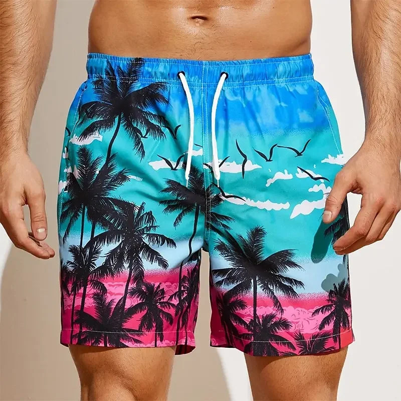 202& Summer Oversized Casual Men's Drawstring Shorts Quick Dry Hawaii Holiday Sports Swimming Trunks Coconut Tree Printed Shorts