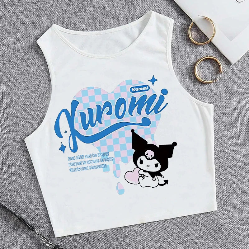 Y2K Vest Crop Top Kuromi T Shirt Cropped Sanrio Kuromi Women Manga T-shirt somè