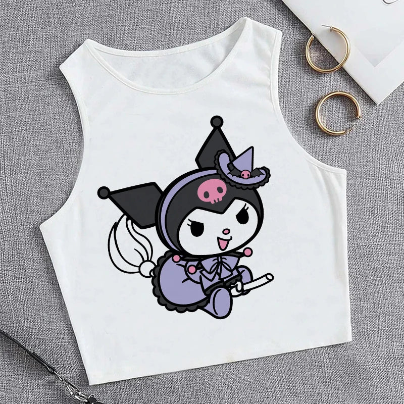 Y2K Vest Crop Top Kuromi T Shirt Cropped Sanrio Kuromi Women Manga T-shirt somè