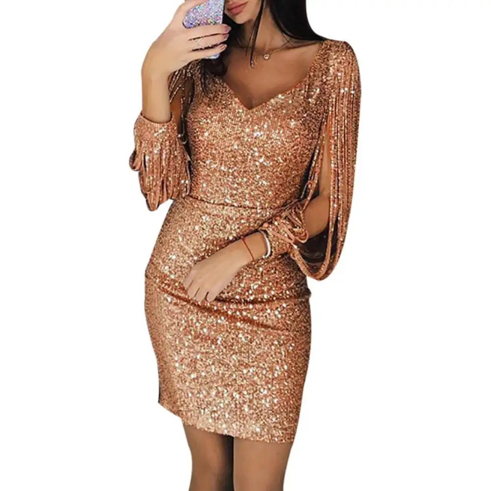 2025 New Silver Sequin Skinny Dress Women Sexy Tassel Sleeves V Neck Club Mini Dress Elegant Ladies Bodycon Pencil Party Vestido