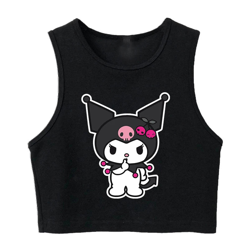 Y2K Vest Crop Top Kuromi T Shirt Cropped Sanrio Kuromi Women Manga T-shirt somè