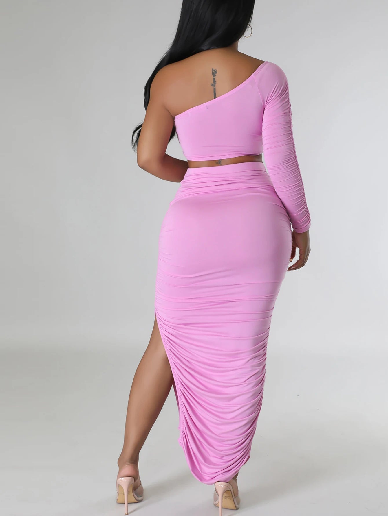 Women's one shoulder sleeve  short top patchwork tight pleated irregular long skirt two-piece set somè