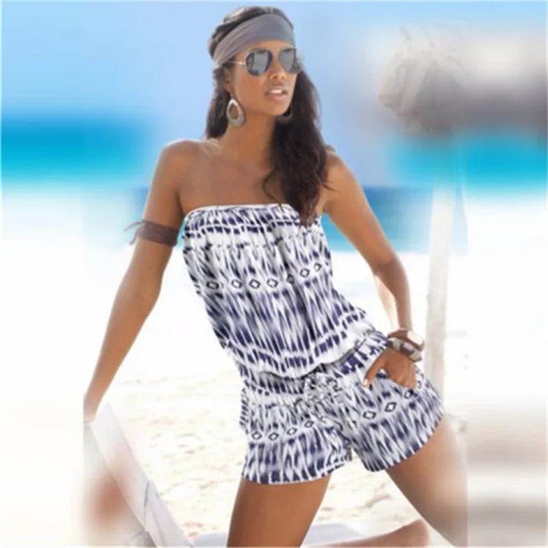 2025 new spring and summer fashion strapless one-shoulder one-piece casual printed drawstring one-piece pants