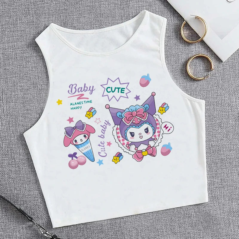 Y2K Vest Crop Top Kuromi T Shirt Cropped Sanrio Kuromi Women Manga T-shirt somè