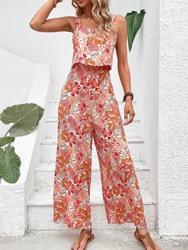 Elegant Long Jumpsuit Women Sexy Backless Wide Leg Jumpsuits Casual Sleeveless Floral Rompers Summer Clothes For Woman vestal