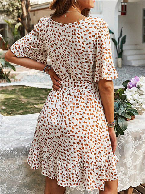 Polka Dot Print Round Neck Short Sleeve Loose Dress