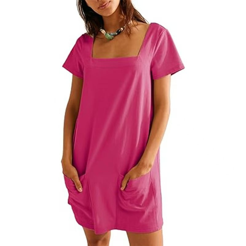 Women's Square Collar Short Sleeve Fashion Short Skirt Pocket Casual Dress