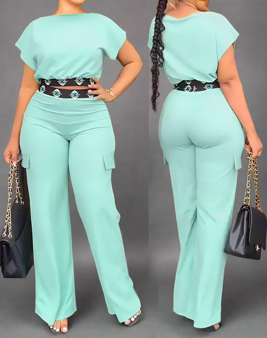 Two Piece Sets Women Outifit Summer Fashion Geometric Print Boat Neck Short Sleeve Crop Top & Casual Pocket Daily Pants Set somè