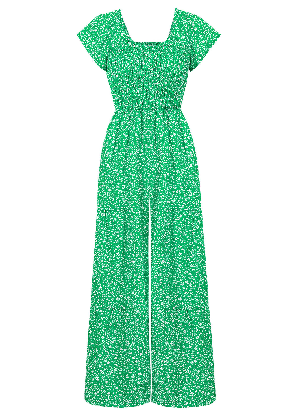 Printed Round Neck Smocking Jumpsuit Women's Clothing